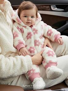 Cozy Pixies Baby Girl Floral Pattern Thermal Lined Thick Hooded Long Sleeve Winter Jumpsuit, Versatile And Comfortable - Pink - View 1