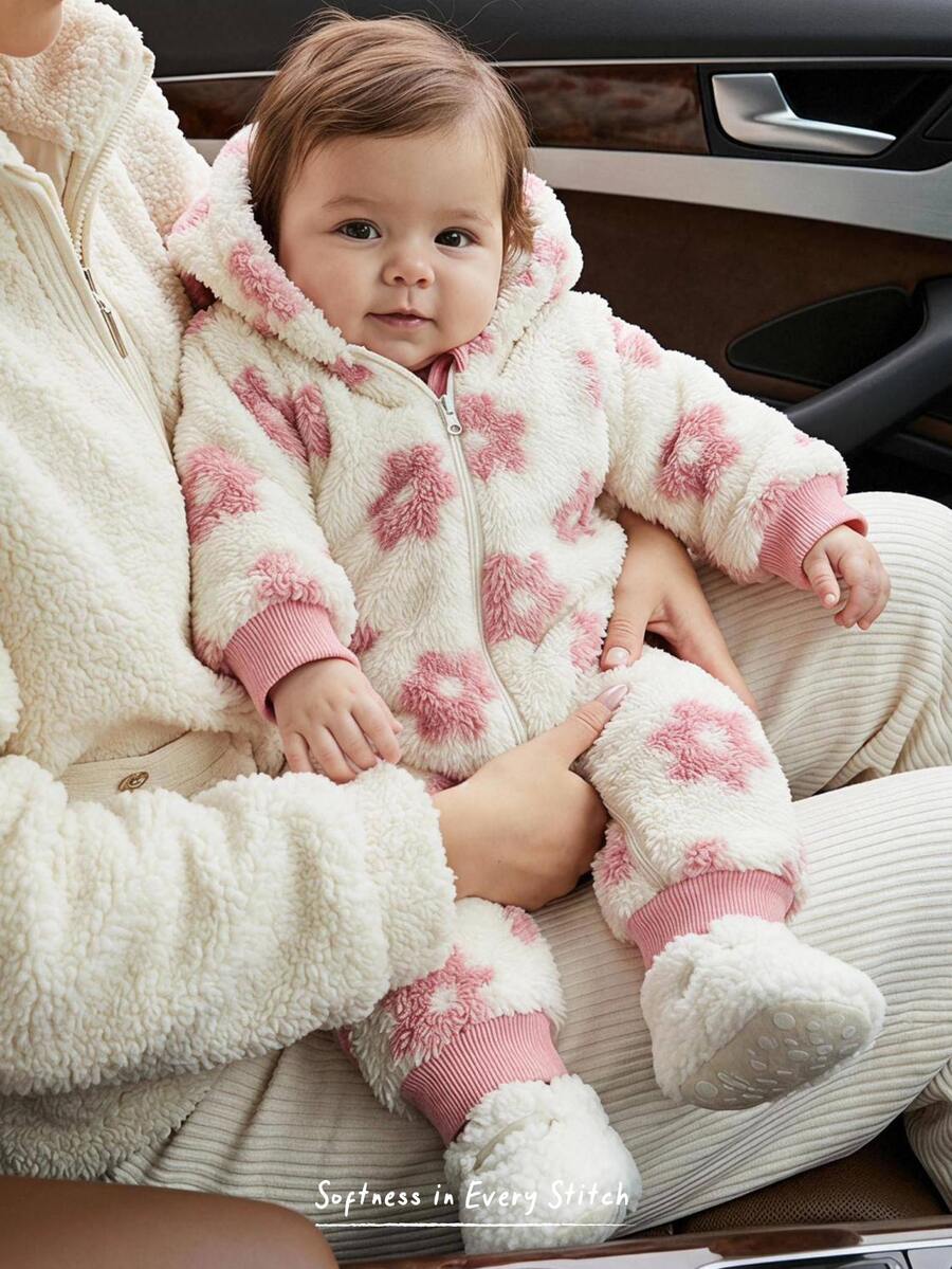 Cozy Pixies Baby Girl Floral Pattern Thermal Lined Thick Hooded Long Sleeve Winter Jumpsuit, Versatile And Comfortable - Pink - View 1