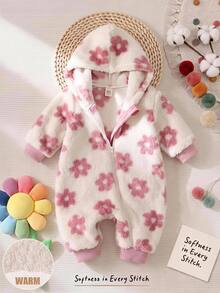 Cozy Pixies Baby Girl Floral Pattern Thermal Lined Thick Hooded Long Sleeve Winter Jumpsuit, Versatile And Comfortable - Pink - View 7