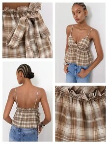Maija Women's Vacation Frill Trim Plaid Camisole Tank Top, Fashionable Sexy Cottagecore Casual Style Brunch Picnic Red And White Plaid Summer - Brown - View 3