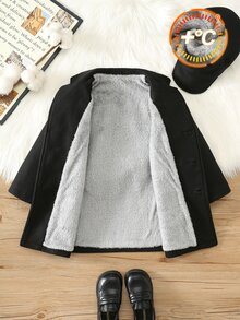 SHEIN 兒童小男孩秋冬款 1件/套 加厚抓絨內裡羊毛大衣 - 黑色 - 查看 8