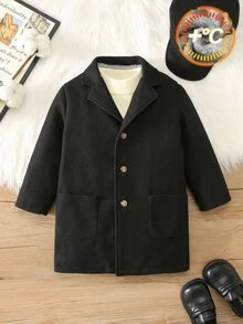 SHEIN 兒童小男孩秋冬款 1件/套 加厚抓絨內裡羊毛大衣 - 黑色 - 查看 3