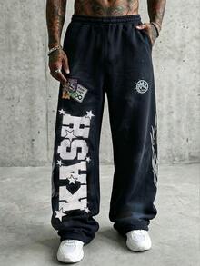 IslaSuriya Men's Casual Letter Embroidery Distressed Washing Sweatpants, For Rave - Black - View 3