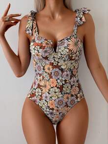 Swim Basics 女士修身印花无袖露肩夏季沙滩连衣裙 - 棕色 - 查看 4