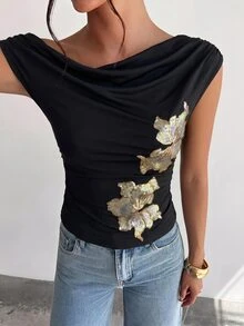 Firerie 女款花卉印花百褶單肩修身上衣，百搭休閒優雅性感，適合酒吧派對夜出，黑金配色，夏季款 - 黑色 - 查看 3