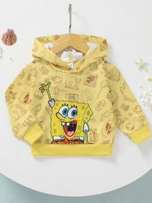 SpongeBob SquarePants | SHEIN 男嬰休閒可愛黃色滿版卡通印花長袖寬鬆連帽衛衣，日常度假秋季服飾 - 黃色 - 查看 5