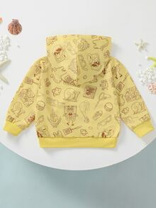 SpongeBob SquarePants | SHEIN 男嬰休閒可愛黃色滿版卡通印花長袖寬鬆連帽衛衣，日常度假秋季服飾 - 黃色 - 查看 2
