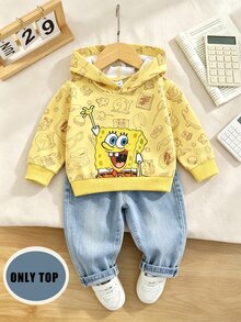 SpongeBob SquarePants | SHEIN 男嬰休閒可愛黃色滿版卡通印花長袖寬鬆連帽衛衣，日常度假秋季服飾 - 黃色 - 查看 8