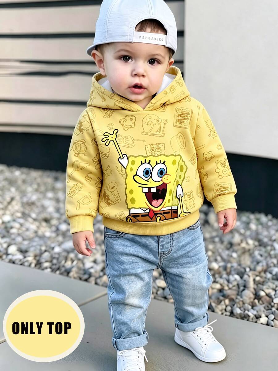 SpongeBob SquarePants | SHEIN 男嬰休閒可愛黃色滿版卡通印花長袖寬鬆連帽衛衣,日常度假秋季服飾 - 黃色 - 查看 1