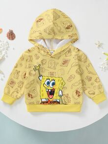 SpongeBob SquarePants | SHEIN 男嬰休閒可愛黃色滿版卡通印花長袖寬鬆連帽衛衣，日常度假秋季服飾 - 黃色 - 查看 4