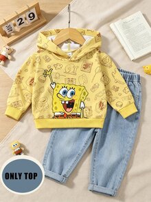 SpongeBob SquarePants | SHEIN 男嬰休閒可愛黃色滿版卡通印花長袖寬鬆連帽衛衣，日常度假秋季服飾 - 黃色 - 查看 7