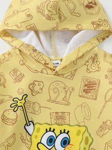 SpongeBob SquarePants | SHEIN 男嬰休閒可愛黃色滿版卡通印花長袖寬鬆連帽衛衣，日常度假秋季服飾 - 黃色 - 查看 6