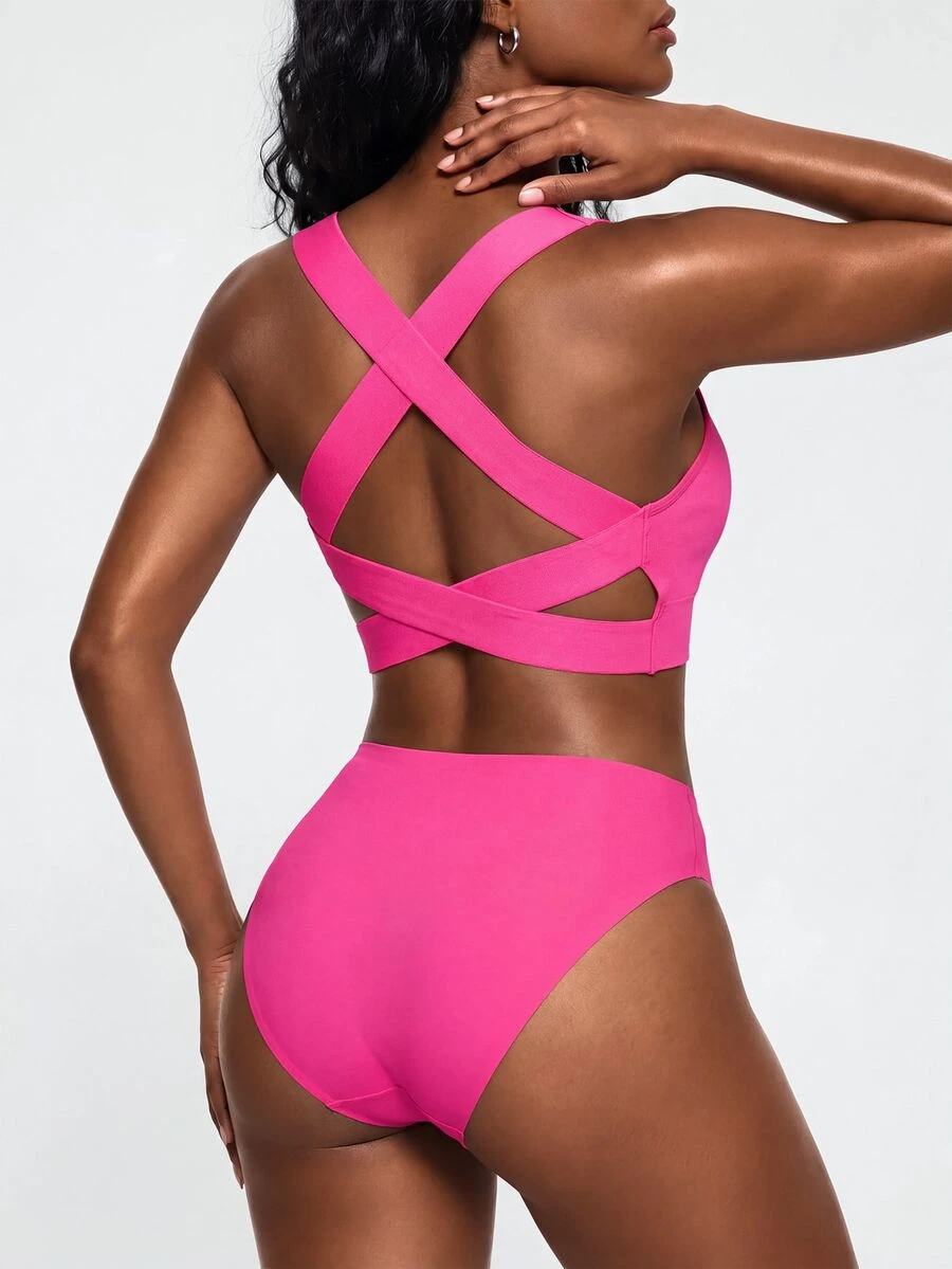SHAPORA Women's Hot Pink Criss Cross Back High Stretch Sports Bra Casual Colorblock Fabric - Hot Pink - View 1