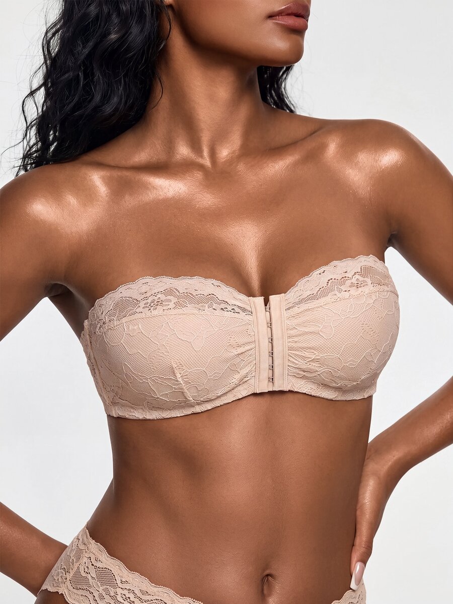 SHAPORA Wedding Lace Unlined Front-Close Bandeau Bra - Apricot - View 1