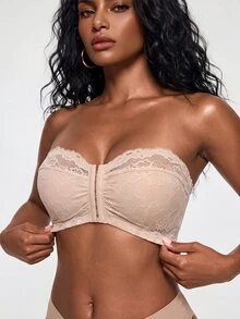 SHAPORA Wedding Lace Unlined Front-Close Bandeau Bra - Apricot - View 2