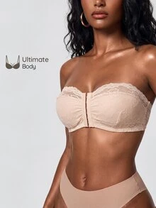 SHAPORA Wedding Lace Unlined Front-Close Bandeau Bra - Apricot - View 3