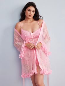 Elorette 1 Set Plus Size Lace Robe With 3D Floral Decor + Plus Size Lace Camisole Slip Dress With Waist Cinching Design - Pink - View 7