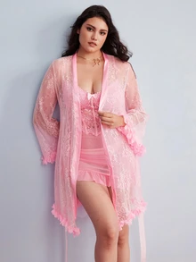 Elorette 1 Set Plus Size Lace Robe With 3D Floral Decor + Plus Size Lace Camisole Slip Dress With Waist Cinching Design - Pink - View 6
