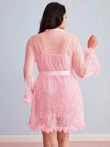 Elorette 1 Set Plus Size Lace Robe With 3D Floral Decor + Plus Size Lace Camisole Slip Dress With Waist Cinching Design - Pink - View 8