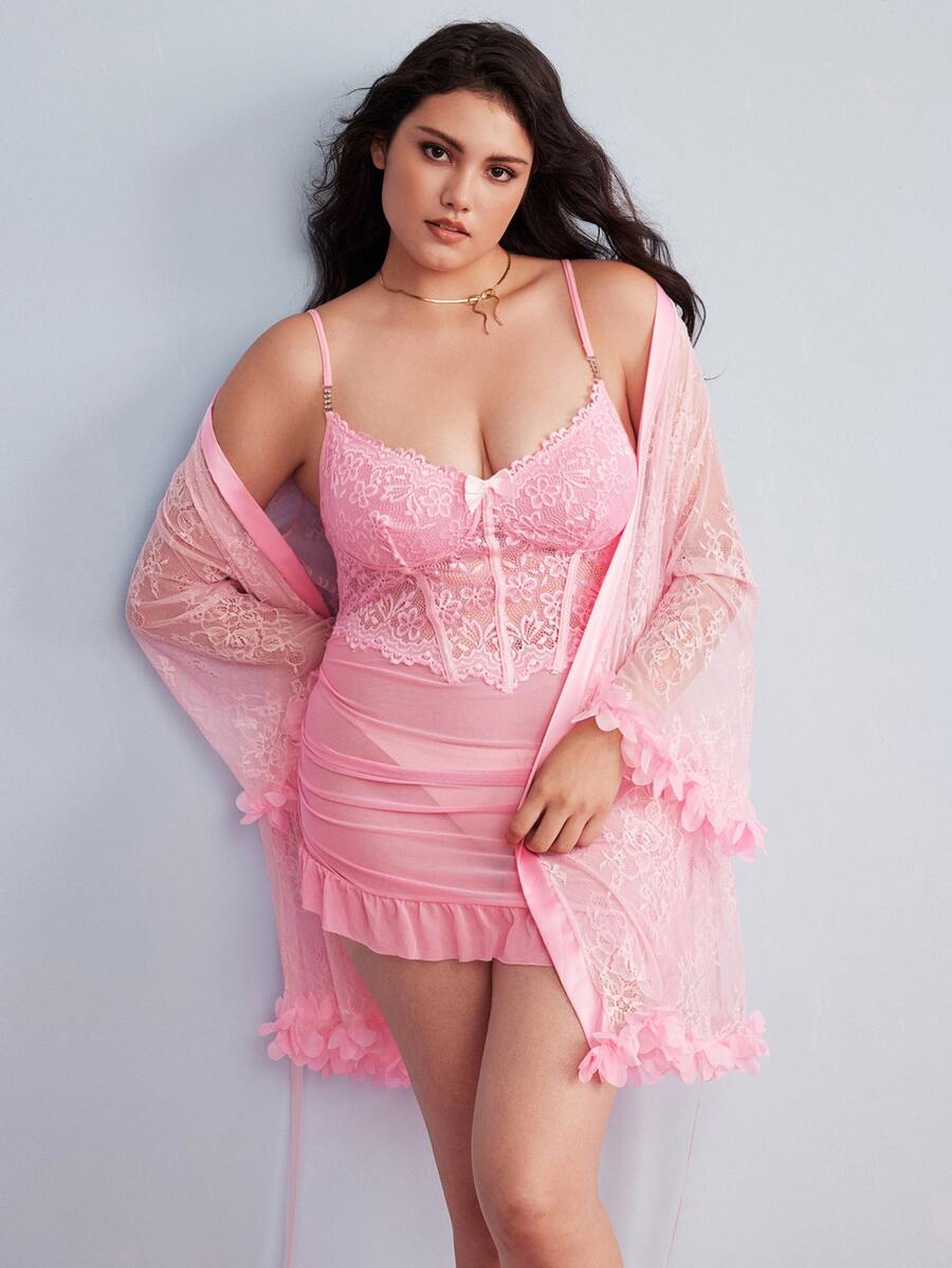 Elorette 1 Set Plus Size Lace Robe With 3D Floral Decor + Plus Size Lace Camisole Slip Dress With Waist Cinching Design