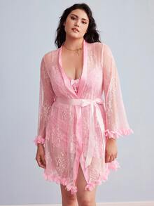 Elorette 1 Set Plus Size Lace Robe With 3D Floral Decor + Plus Size Lace Camisole Slip Dress With Waist Cinching Design - Pink - View 4