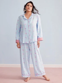 Elorette 大码女式格子蝴蝶结上衣和裤子睡衣套装，蝴蝶结设计舒适优雅，秋冬服装 - 彩色 - 查看 5