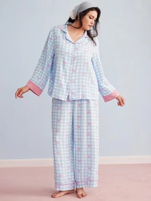 Elorette 大码女式格子蝴蝶结上衣和裤子睡衣套装，蝴蝶结设计舒适优雅，秋冬服装 - 彩色 - 查看 4