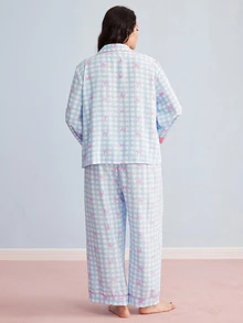 Elorette 大码女式格子蝴蝶结上衣和裤子睡衣套装，蝴蝶结设计舒适优雅，秋冬服装 - 彩色 - 查看 2
