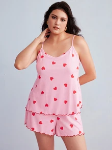 Elorette Plus Size Heart & Striped Print Camisole And Shorts Pajama Set - Multicolor - View 3