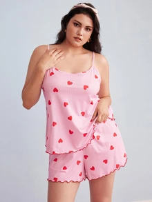 Elorette Plus Size Heart & Striped Print Camisole And Shorts Pajama Set - Multicolor - View 1