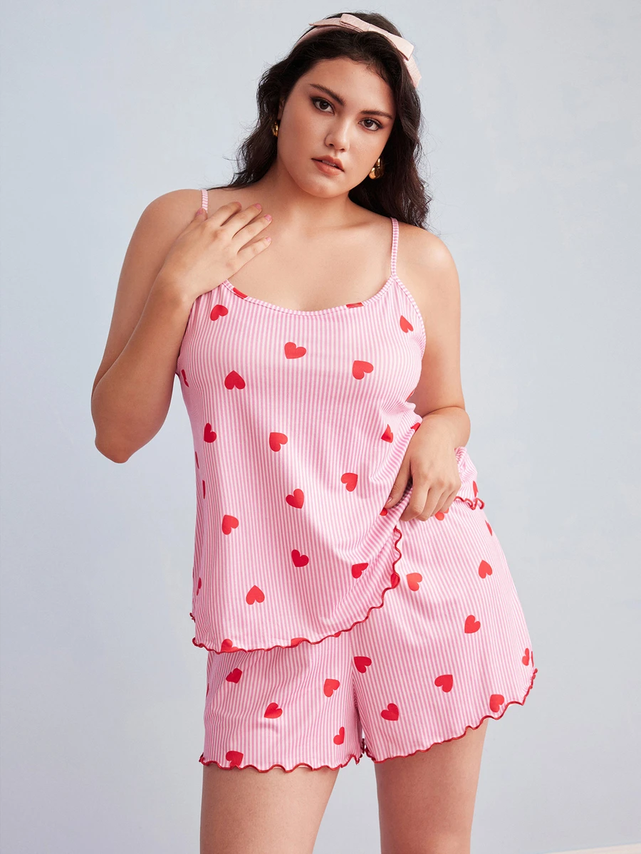 Elorette Plus Size Heart & Striped Print Camisole And Shorts Pajama Set - Multicolor - View 1