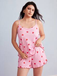 Elorette Plus Size Heart & Striped Print Camisole And Shorts Pajama Set - Multicolor - View 4