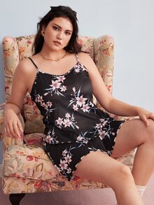 Elorette Plus Size Pajama Sets Lettuce Trim Bunga - Hitam - View 6