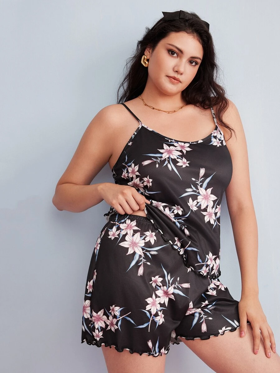 Elorette Plus Size Pajama Sets Lettuce Trim Bunga - Hitam - View 1
