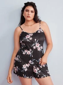 Elorette Plus Size Pajama Sets Lettuce Trim Bunga - Hitam - View 4