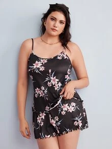 Elorette Plus Size Pajama Sets Lettuce Trim Bunga - Hitam - View 5