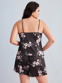 Elorette Plus Size Pajama Sets Lettuce Trim Bunga - Hitam - View 2