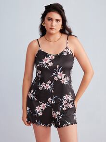 Elorette Plus Size Pajama Sets Lettuce Trim Bunga - Hitam - View 3