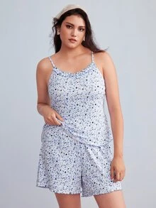 Elorette 加大码细肩带蕾丝边碎花上衣和短睡衣套装，带褶边，丰富花卉图案，舒适优雅 - 白色 - 查看 3