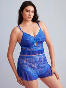 Elorette Women's Lace Patchwork Deep V-Neck Crystal Buckle Decor Criss-Cross Pajama Set - Blue - View 5