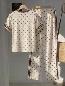 Tseoso Casual Minimalist Style Gentle Tone Pale Yellow Background Brown Polka Dot 2-Piece Set Round Neck Short Sleeve Top And Striped Polka Dot Print Pants Suitable For Spring And Summer - Multicolor - View 2