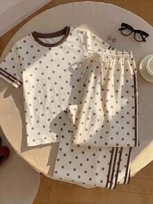 Tseoso Casual Minimalist Style Gentle Tone Pale Yellow Background Brown Polka Dot 2-Piece Set Round Neck Short Sleeve Top And Striped Polka Dot Print Pants Suitable For Spring And Summer - Multicolor - View 6