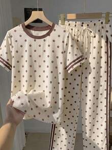 Tseoso Casual Minimalist Style Gentle Tone Pale Yellow Background Brown Polka Dot 2-Piece Set Round Neck Short Sleeve Top And Striped Polka Dot Print Pants Suitable For Spring And Summer - Multicolor - View 4