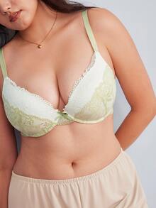 Elorette 大尺碼女款蕾絲拼接蝴蝶結裝飾性感細肩帶內衣 - 綠色 - 查看 4