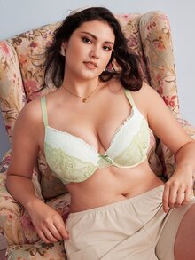 Elorette 大尺碼女款蕾絲拼接蝴蝶結裝飾性感細肩帶內衣 - 綠色 - 查看 5