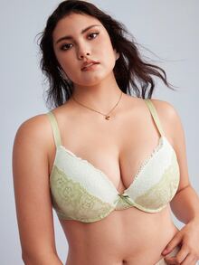Elorette 大尺碼女款蕾絲拼接蝴蝶結裝飾性感細肩帶內衣 - 綠色 - 查看 3