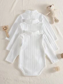 SHEIN Vintaside Kids 3件組乳白色嬰兒高領連身衣，四季爬行衣，新生兒長袖修身親膚柔軟 - 白色 - 查看 2