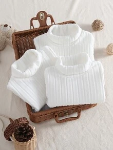 SHEIN Vintaside Kids 3件組乳白色嬰兒高領連身衣，四季爬行衣，新生兒長袖修身親膚柔軟 - 白色 - 查看 9