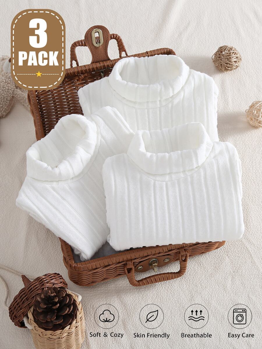 SHEIN Vintaside Kids 3件組乳白色嬰兒高領連身衣,四季爬行衣,新生兒長袖修身親膚柔軟 - 白色 - 查看 1