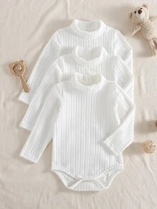 SHEIN Vintaside Kids 3件組乳白色嬰兒高領連身衣，四季爬行衣，新生兒長袖修身親膚柔軟 - 白色 - 查看 10